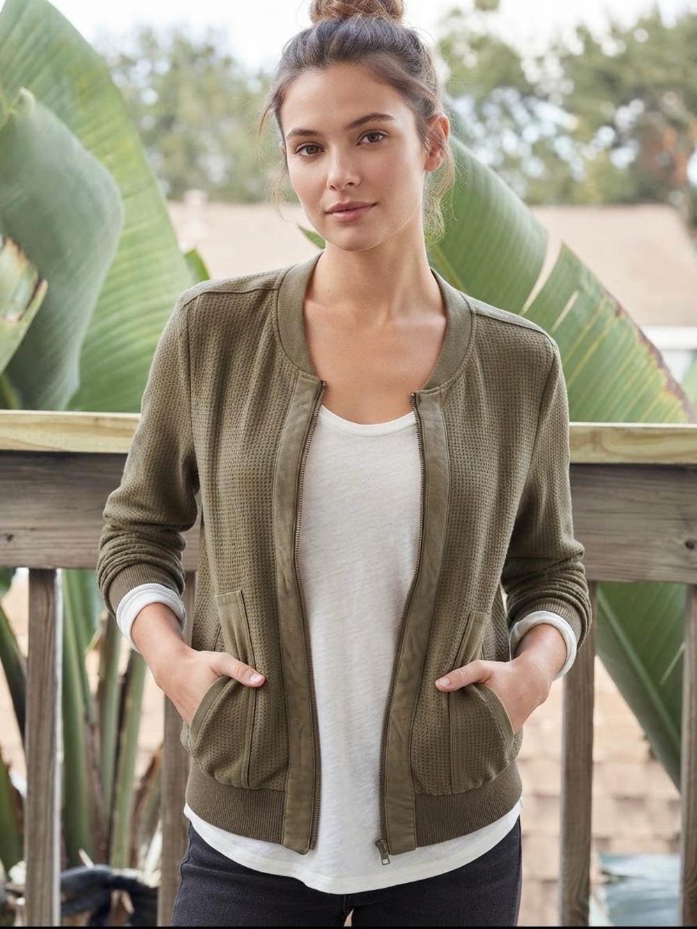 Alythea Olive Green Faux Suede Perforated Bomber Jacket Women’s M